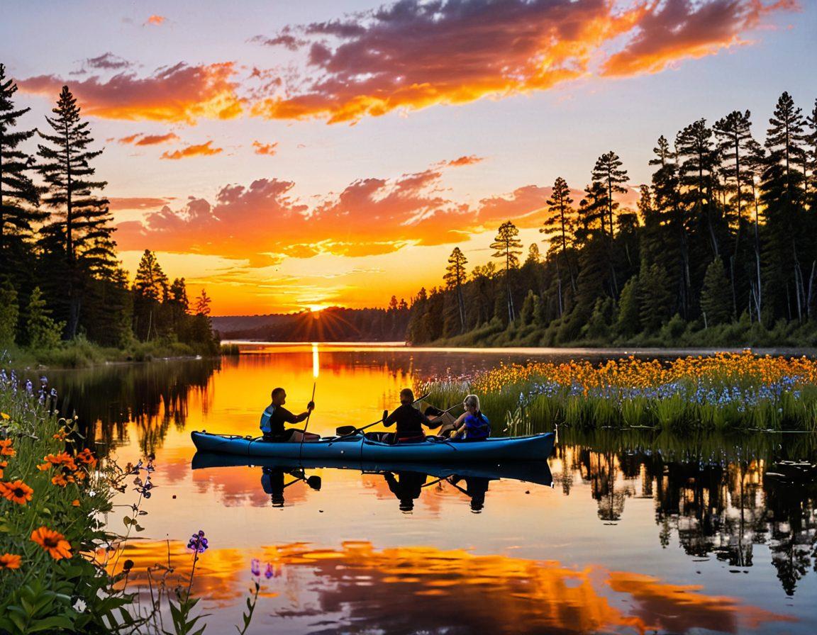 A serene landscape showcasing a vibrant sunset over a tranquil lake, with people kayaking and laughing together, radiating joy. In the foreground, an array of colorful wildflowers symbolizes happiness. Silhouettes of individuals engaging in joyful activities, such as dancing and playing instruments, fill the scene. The atmosphere is bright and uplifting, inviting viewers to embrace their own joy. super-realistic. vibrant colors. white background.