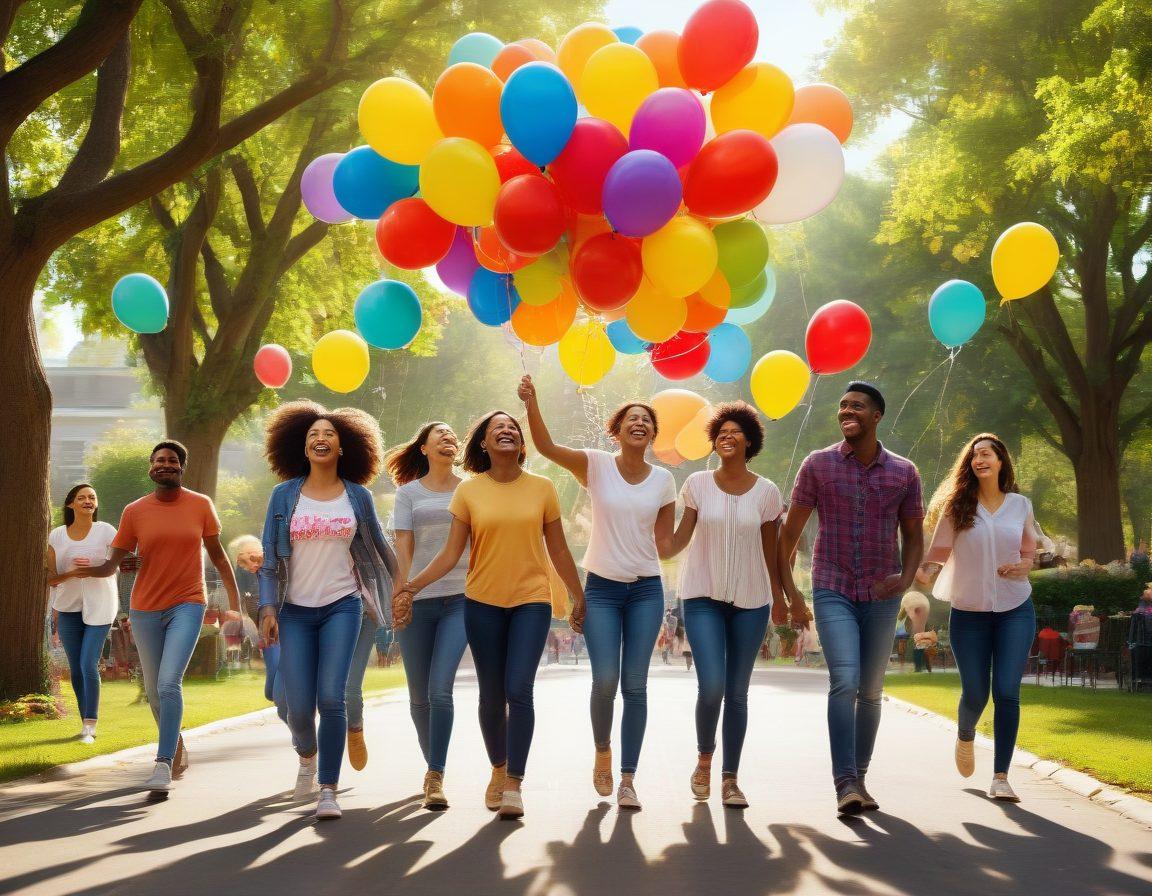 A warm and inviting scene of a diverse group of smiling people engaged in a joyful community activity, surrounded by colorful balloons and banners that say 'Positivity'. Bright sunlight illuminates the scene, creating an uplifting atmosphere. In the background, a peaceful park with blooming flowers and trees adds to the sense of happiness and togetherness. super-realistic. vibrant colors. cheerful ambiance.