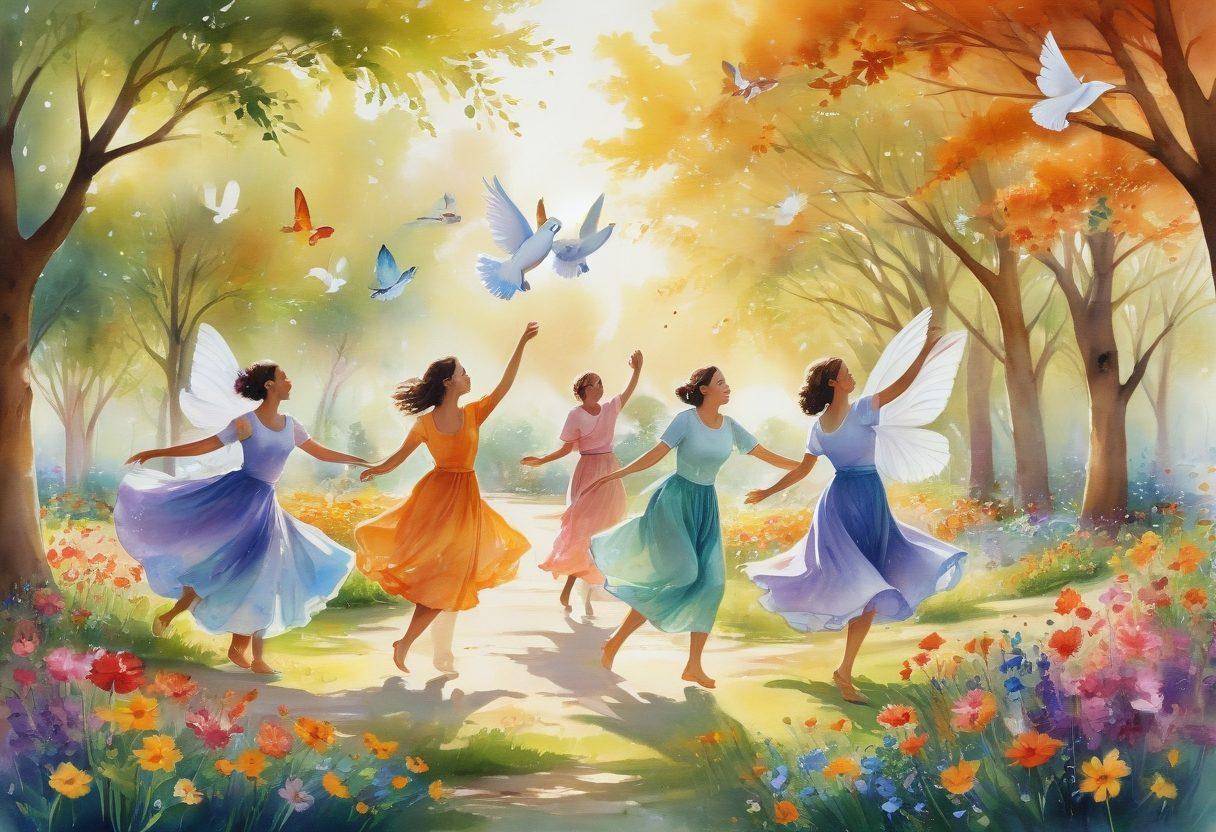 A serene landscape featuring a group of diverse people engaging in joyful activities, surrounded by nature and colorful flowers, embodying the spirit of joy and community. The sun is shining, casting a warm glow, and there are elements of music and dance visible in the scene. Include uplifting symbols like butterflies or doves in the background. watercolor painting. vibrant colors.